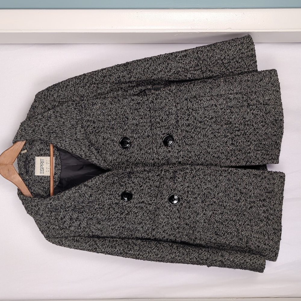 ESPIRIT Women's Gray Black Wool Tweed Double-Breasted Pea Coat Medium